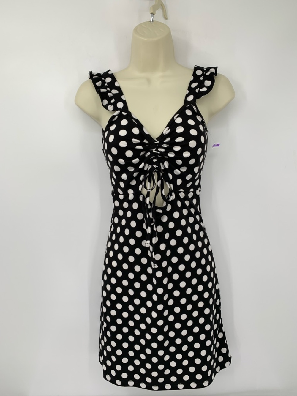 Vero Moda Mary mini dress black white polka dot knit keyhole ruffle new X-Small